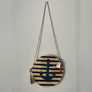 KAYU DESIGN Anchor designer straw circular bag with gold chain link